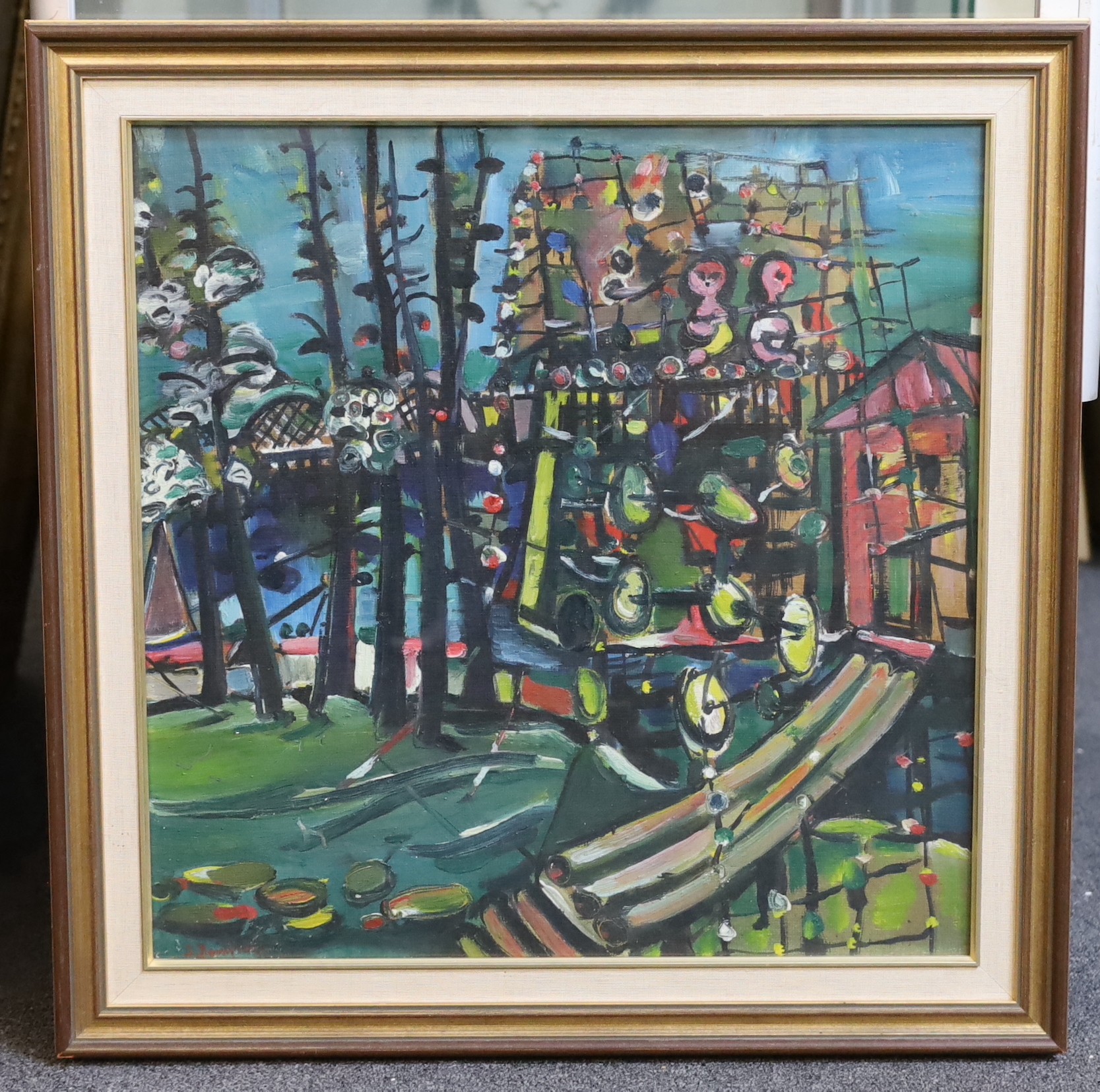 Jacob Bornfriend (Czech, 1904-1976), Stylised landscape with figures on a balcony, oil on board, 47 x 46.5cm.